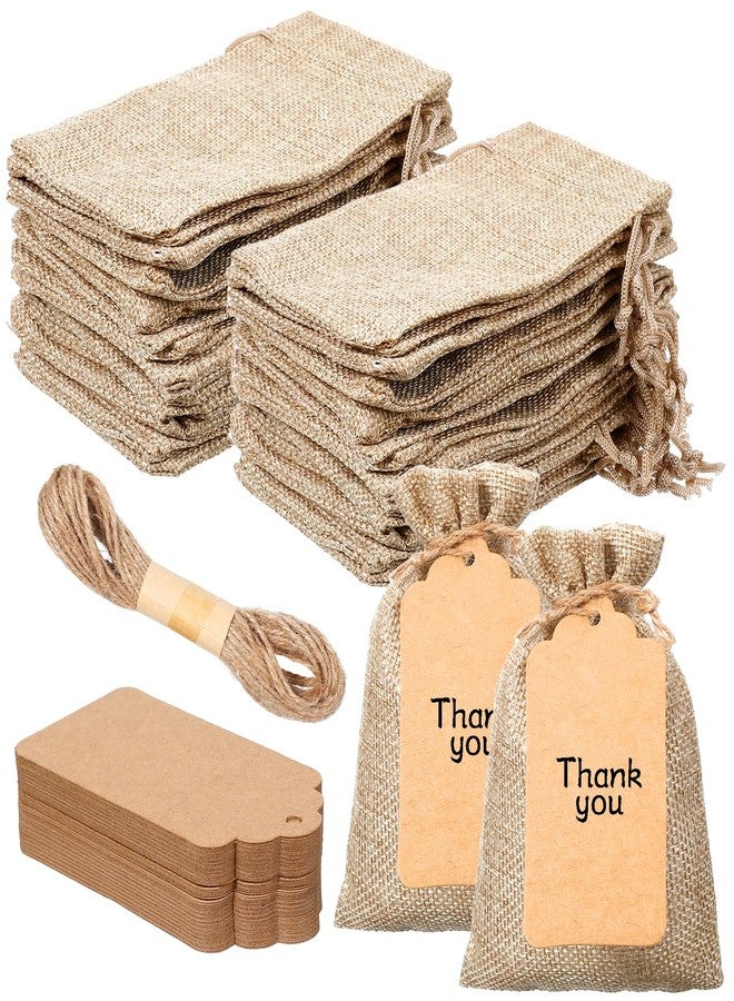 Lemecima 100 Pcs Burlap Gift Bags with 100 Pcs brown Paper Gift Tags with Drawstring Favor Bulk Burlap Sack Bags for DIY Wedding Party Craft(4 x 6 Inch,Light Brown) - Image 1